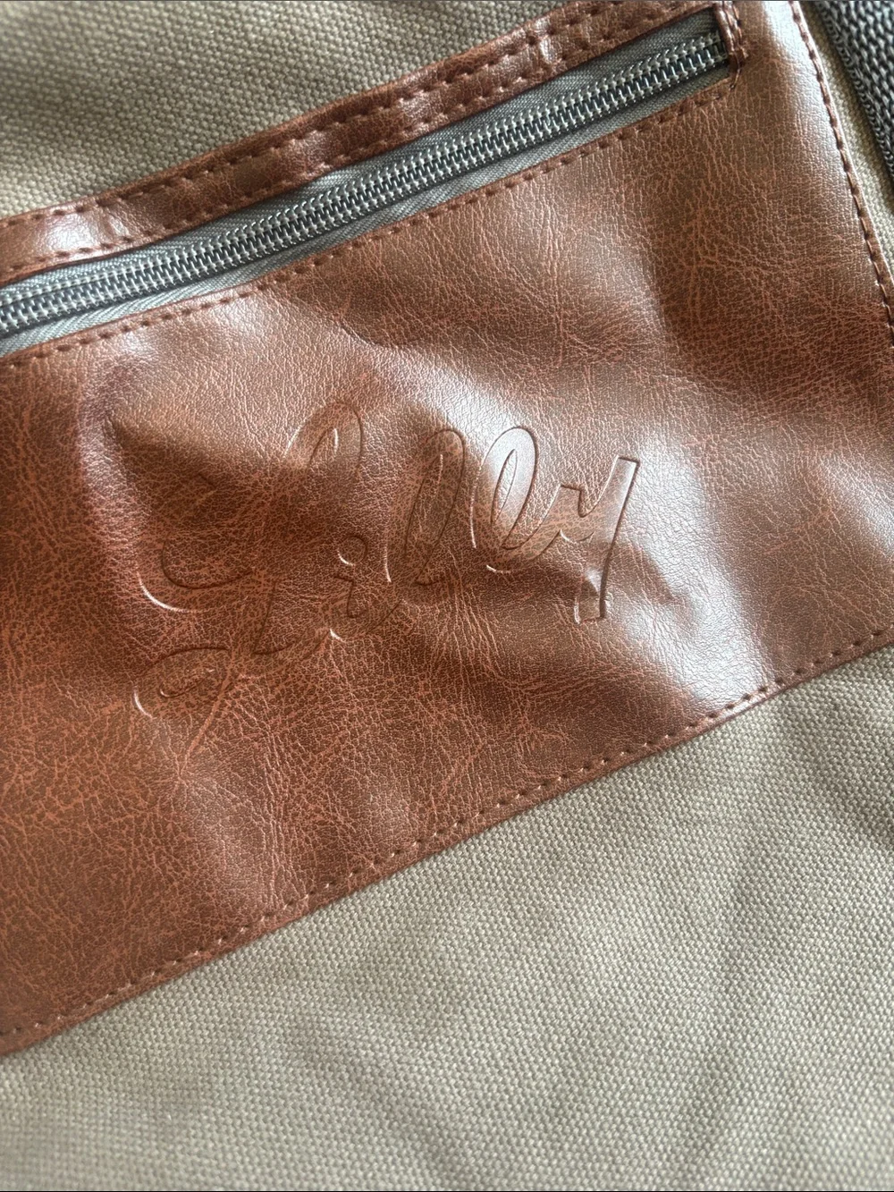 Men's Canvas Duffel Bag with Leather Pocket - Taupe Brown